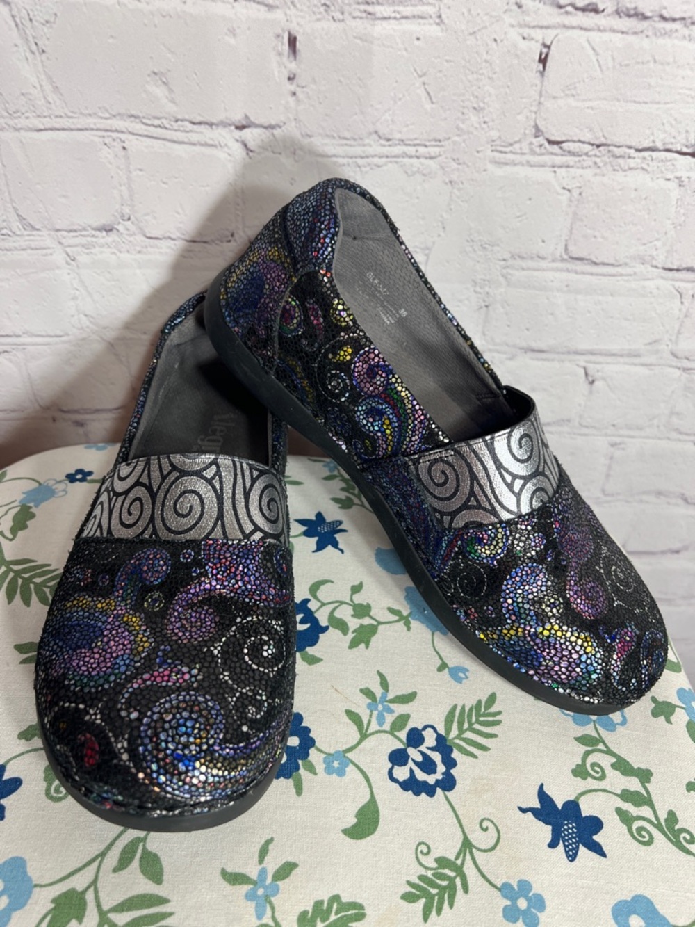 Alegria Paisley metallic slip resistant nursing clogs